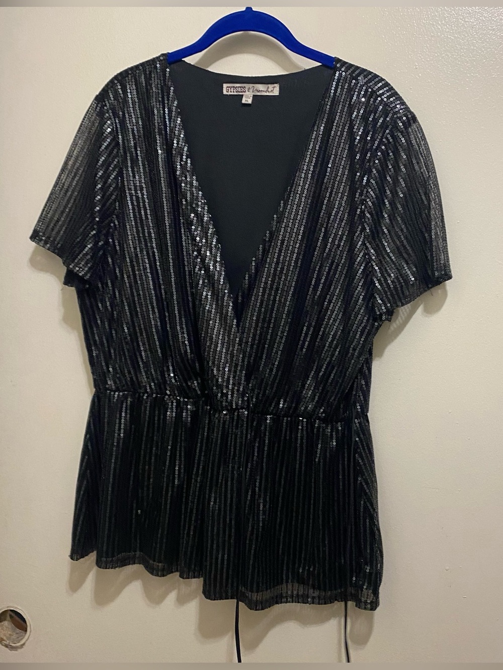 Gypsies & Moondust Womens XL 46” Peplum Top Black Sequins Sequin V Neck Party